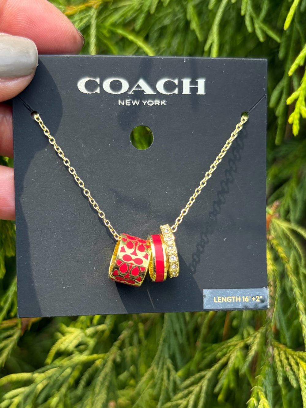 CoachRed Enamel Barrel Charm Gold Tone Necklace